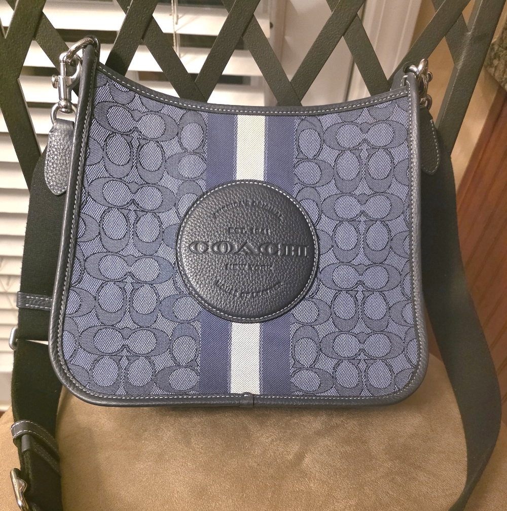 Coach Navy and White Signature Stripe Crossbody Bag. 10 1/2L,10 H , 2 3/4 W..